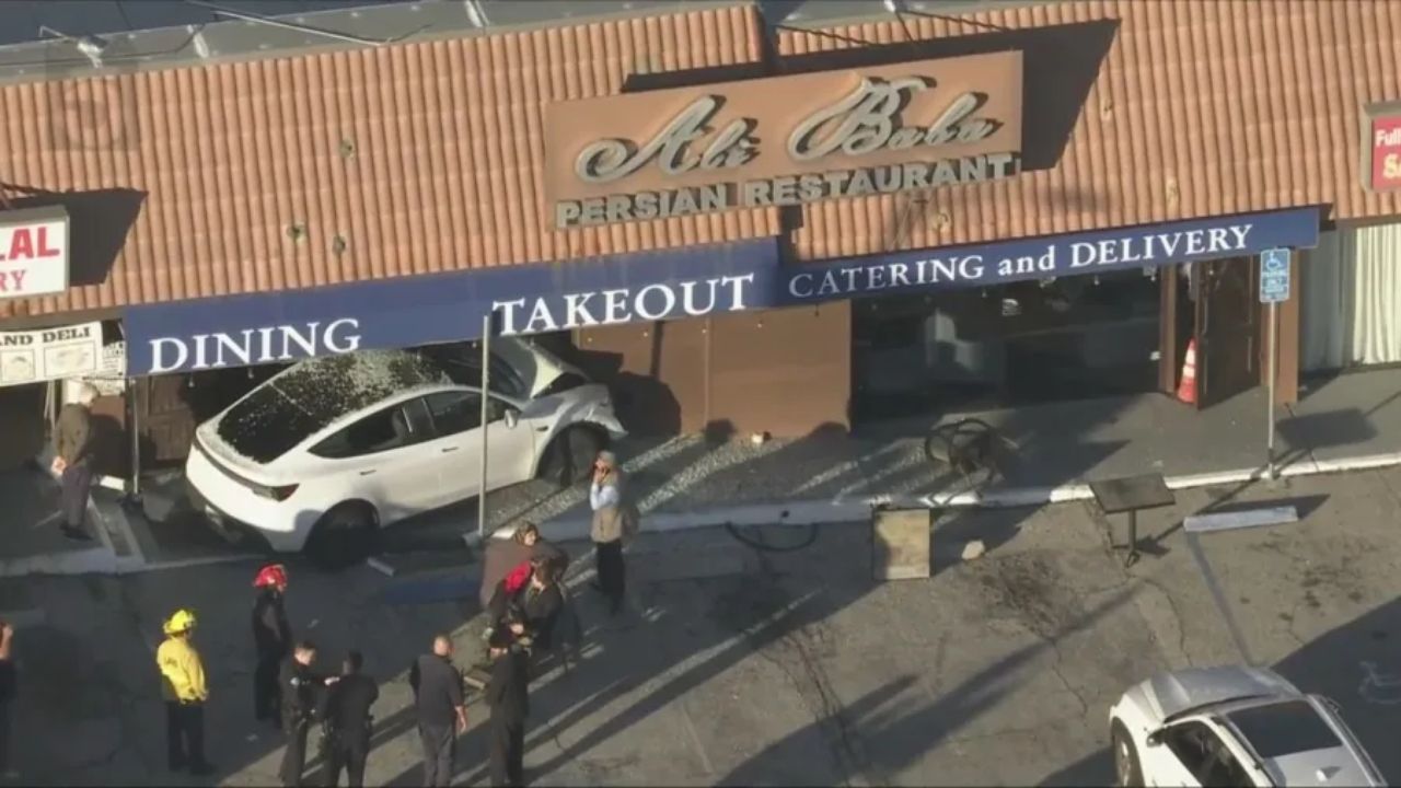 Tesla Crashes Into Granada Hills Persian Restaurant, Shattering Windows During Lunch Hours